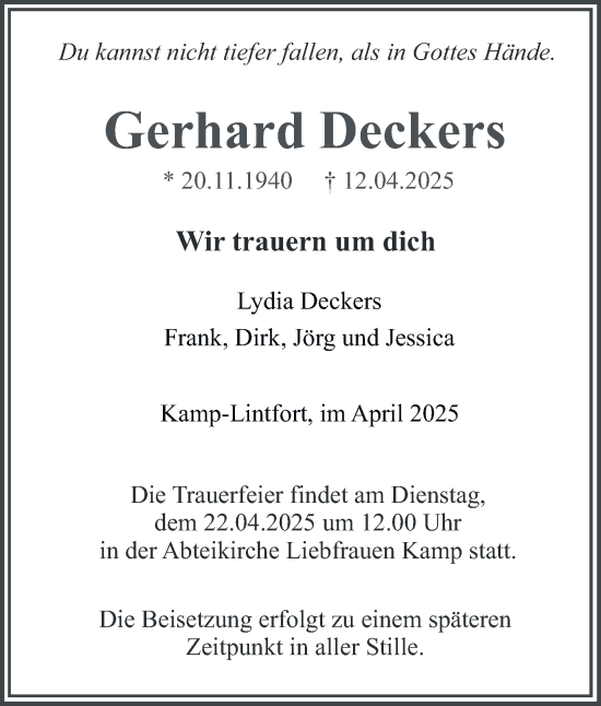 Traueranzeige von Gerhard Deckers von Tageszeitung