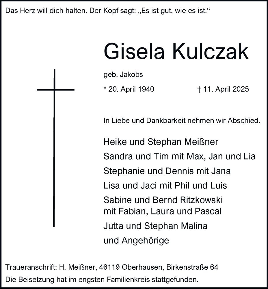  Traueranzeige für Gisela Kulczak vom 26.04.2025 aus Tageszeitung