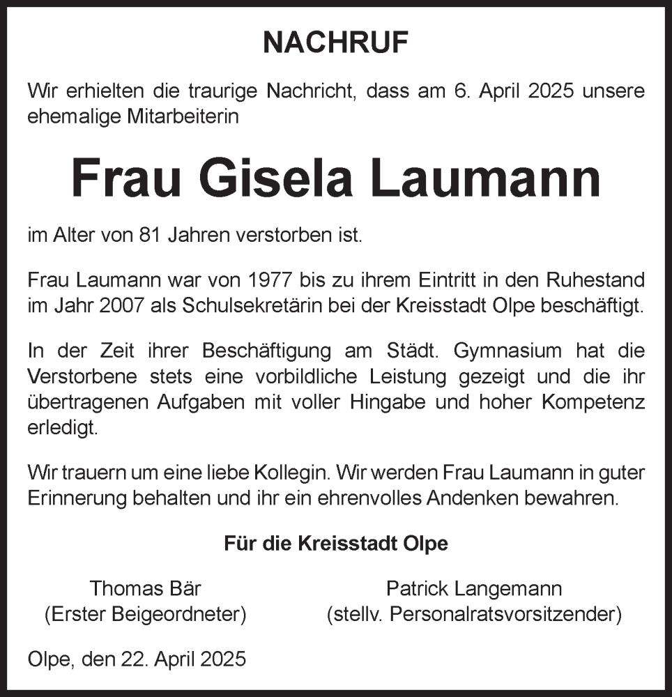  Traueranzeige für Gisela Laumann vom 26.04.2025 aus Tageszeitung