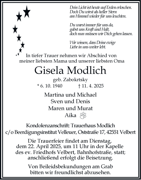 Traueranzeige von Gisela Modlich von Tageszeitung