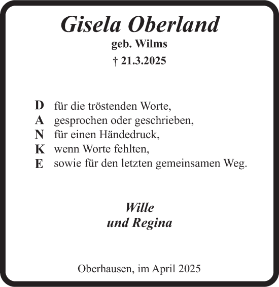 Traueranzeige von Gisela Oberland von Tageszeitung