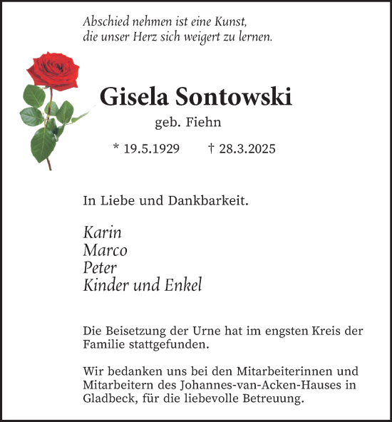 Traueranzeige von Gisela Sontowski von Tageszeitung