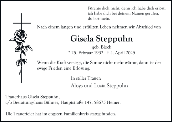 Traueranzeige von Gisela Steppuhn von Tageszeitung