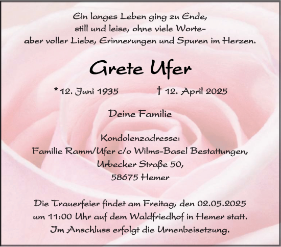 Traueranzeige von Grete Ufer von Tageszeitung