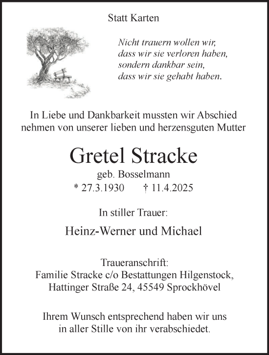 Traueranzeige von Gretel Stracke von Tageszeitung