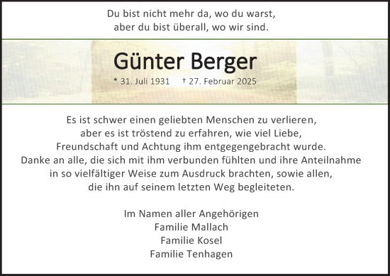 Traueranzeige von Günter Berger von Tageszeitung