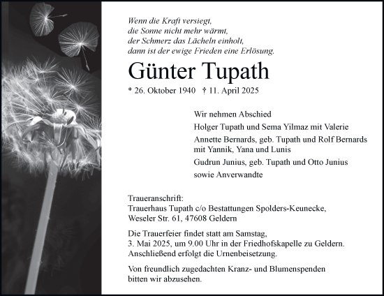 Traueranzeige von Günter Tupath von Tageszeitung