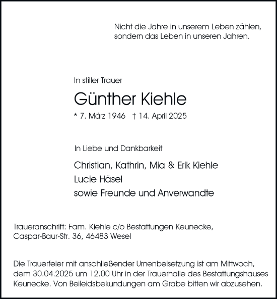 Traueranzeige von Günther Kiehle von Tageszeitung