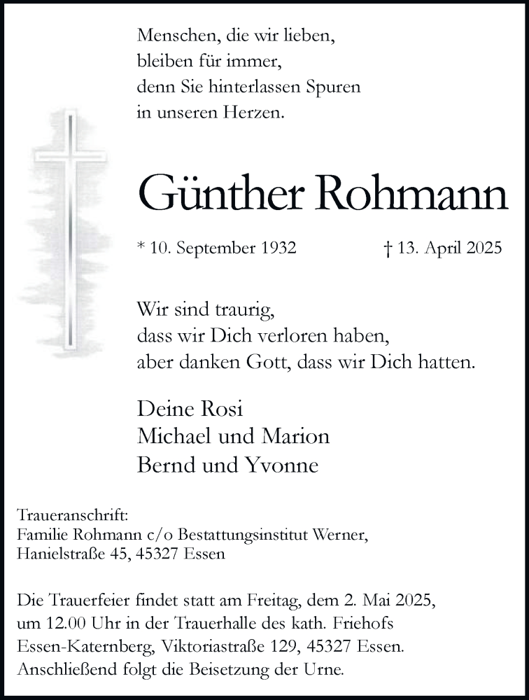  Traueranzeige für Günther Rohmann vom 26.04.2025 aus Tageszeitung