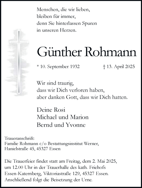 Traueranzeige von Günther Rohmann von Tageszeitung