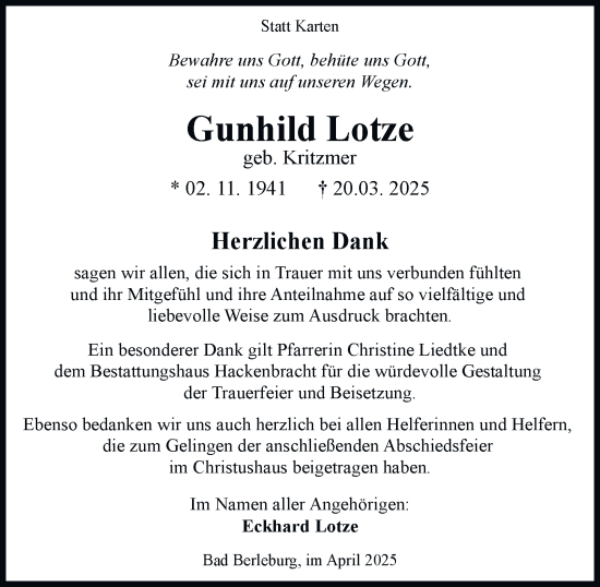 Traueranzeige von Gunhild Lotze von Tageszeitung