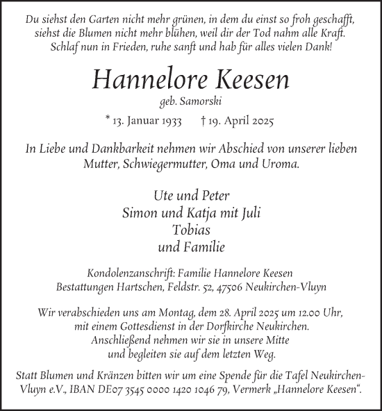 Traueranzeige von Hannelore Keesen von Tageszeitung
