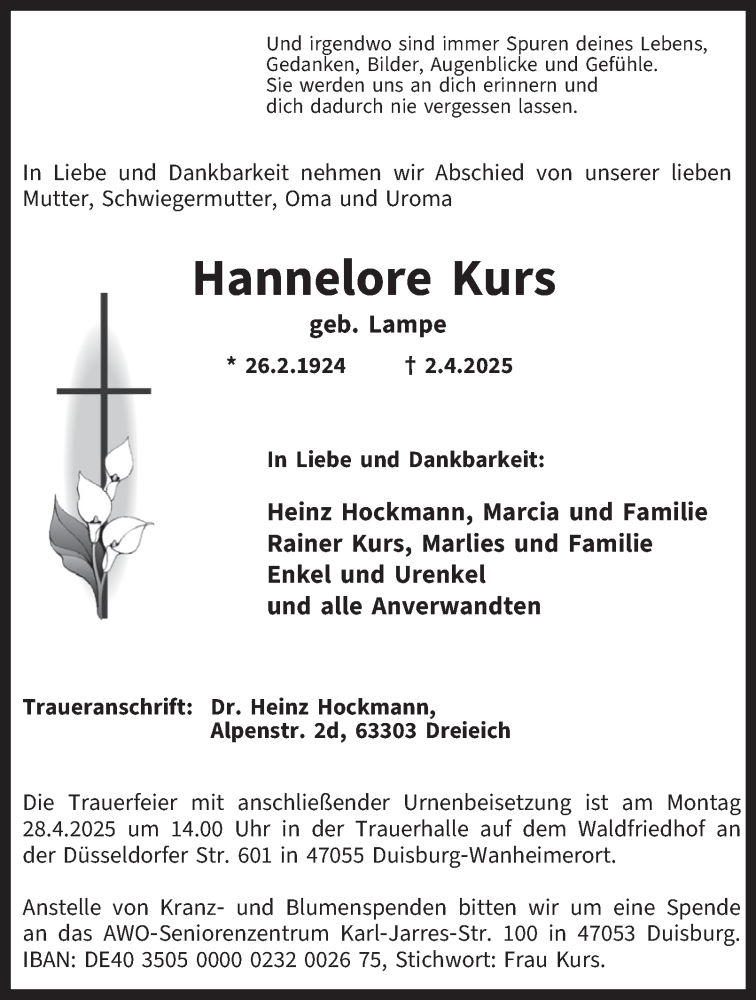  Traueranzeige für Hannelore Kurs vom 24.04.2025 aus Tageszeitung
