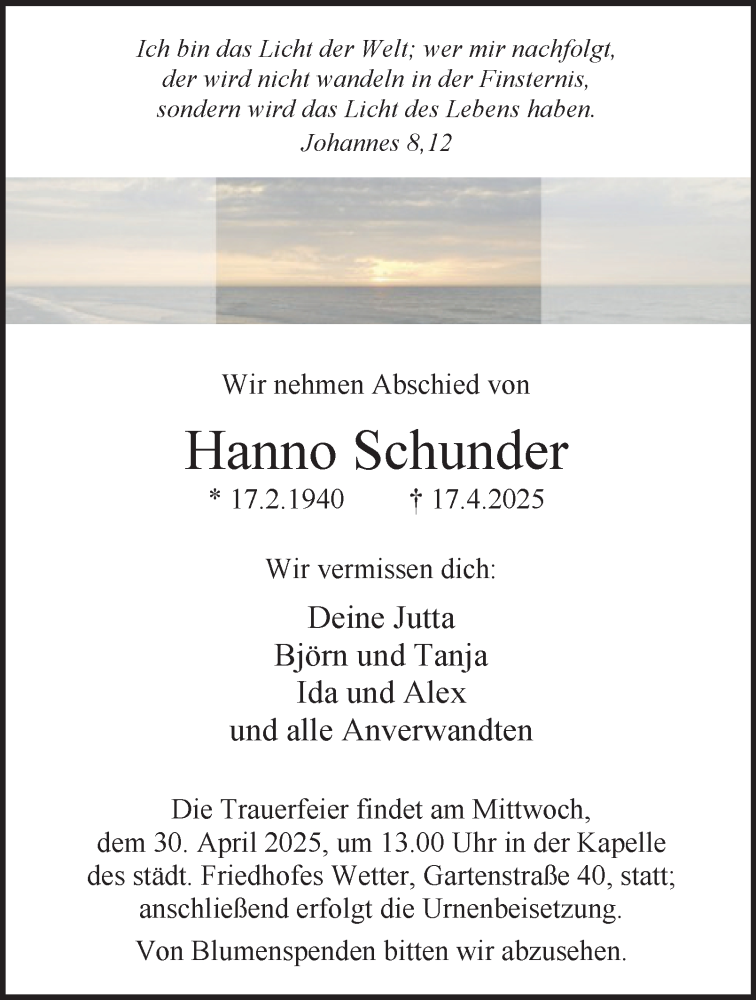  Traueranzeige für Hanno Schunder vom 26.04.2025 aus Tageszeitung