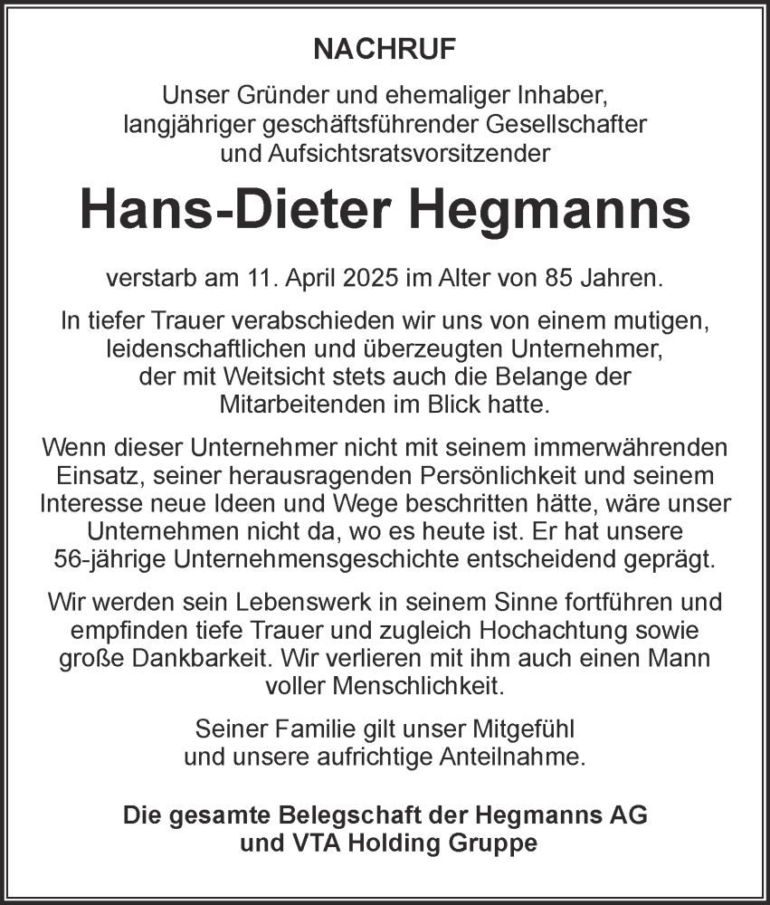  Traueranzeige für Hans-Dieter Hegmanns vom 19.04.2025 aus Tageszeitung