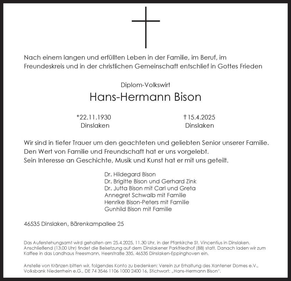  Traueranzeige für Hans-Hermann Bison vom 19.04.2025 aus Tageszeitung
