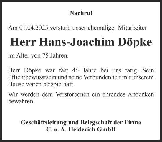 Traueranzeige von Hans-Joachim Döpke von Tageszeitung