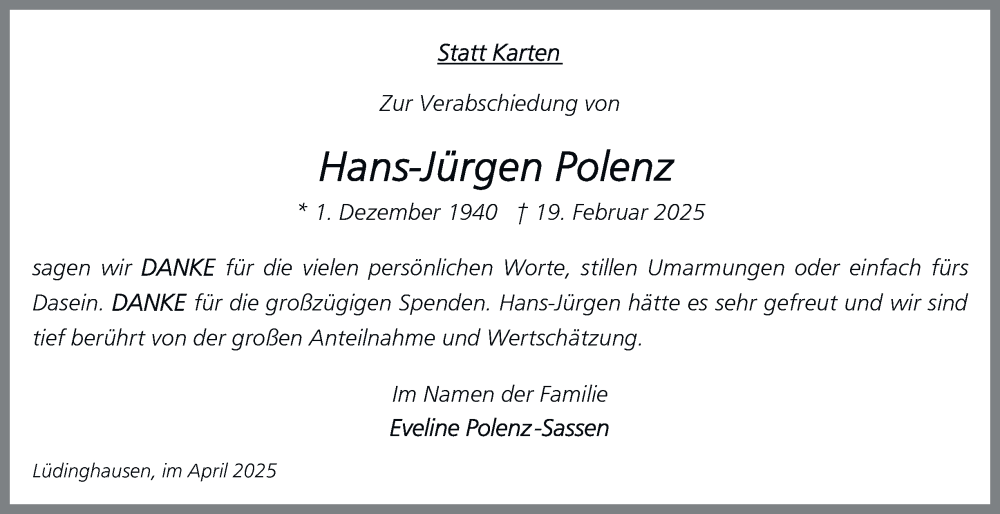  Traueranzeige für Hans-Jürgen Polenz vom 12.04.2025 aus Tageszeitung