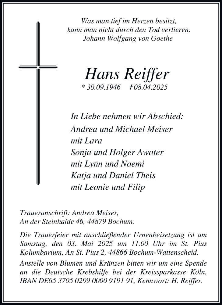  Traueranzeige für Hans Reiffer vom 26.04.2025 aus Tageszeitung