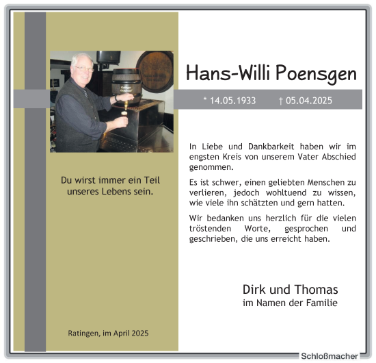 Traueranzeige von Hans-Willi Poensgen von Tageszeitung