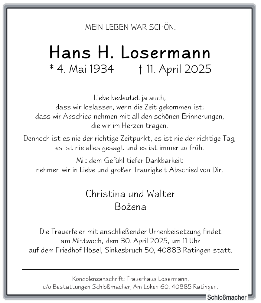  Traueranzeige für Hans H. Losermann vom 19.04.2025 aus Tageszeitung