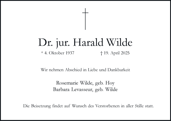 Traueranzeige von Harald Wilde von Tageszeitung