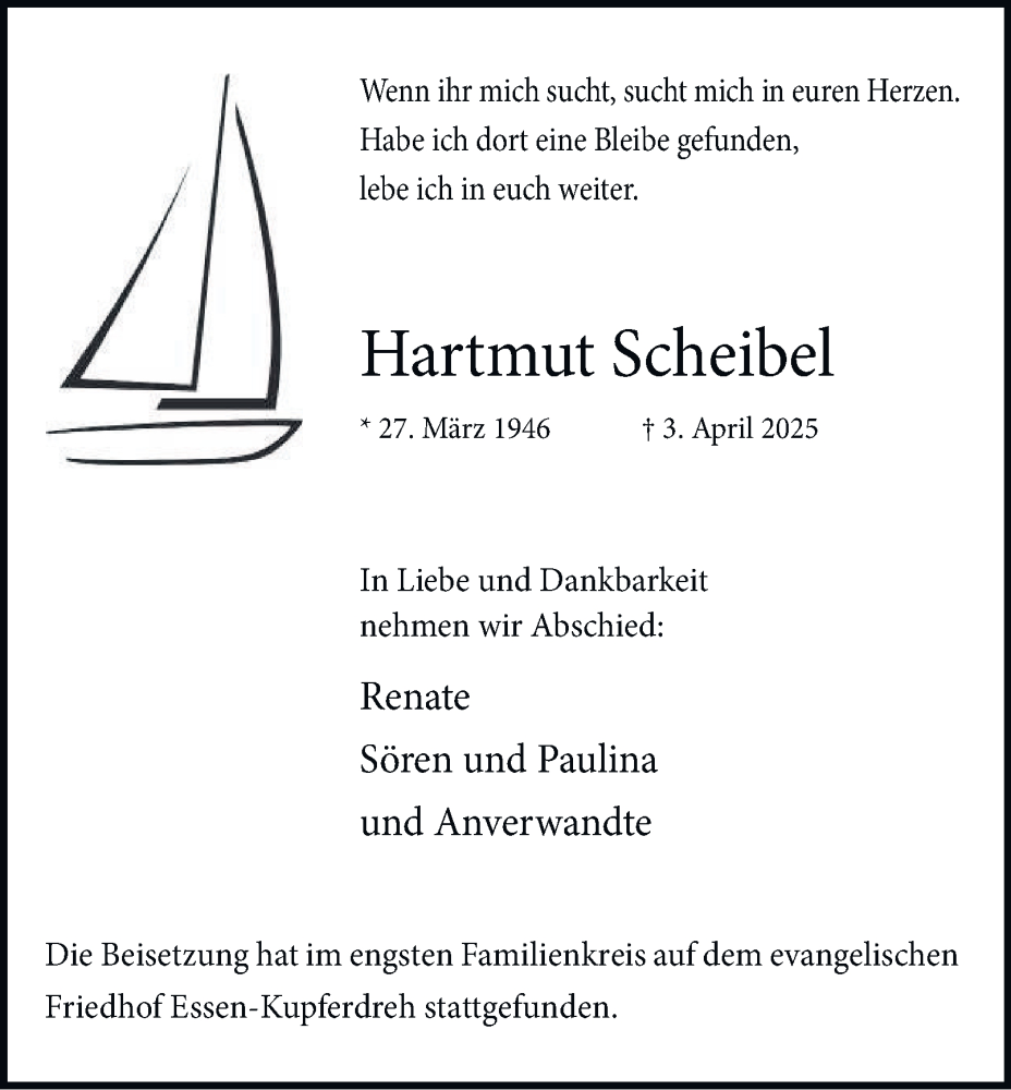  Traueranzeige für Hartmut Scheibel vom 26.04.2025 aus Tageszeitung