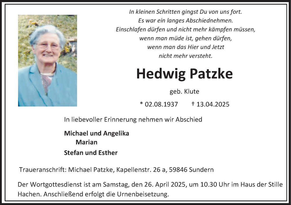  Traueranzeige für Hedwig Patzke vom 19.04.2025 aus Tageszeitung