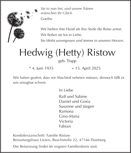 Traueranzeige von Hedwig Ristow von Tageszeitung