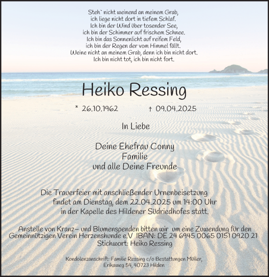Traueranzeige von Heiko Ressing von Tageszeitung