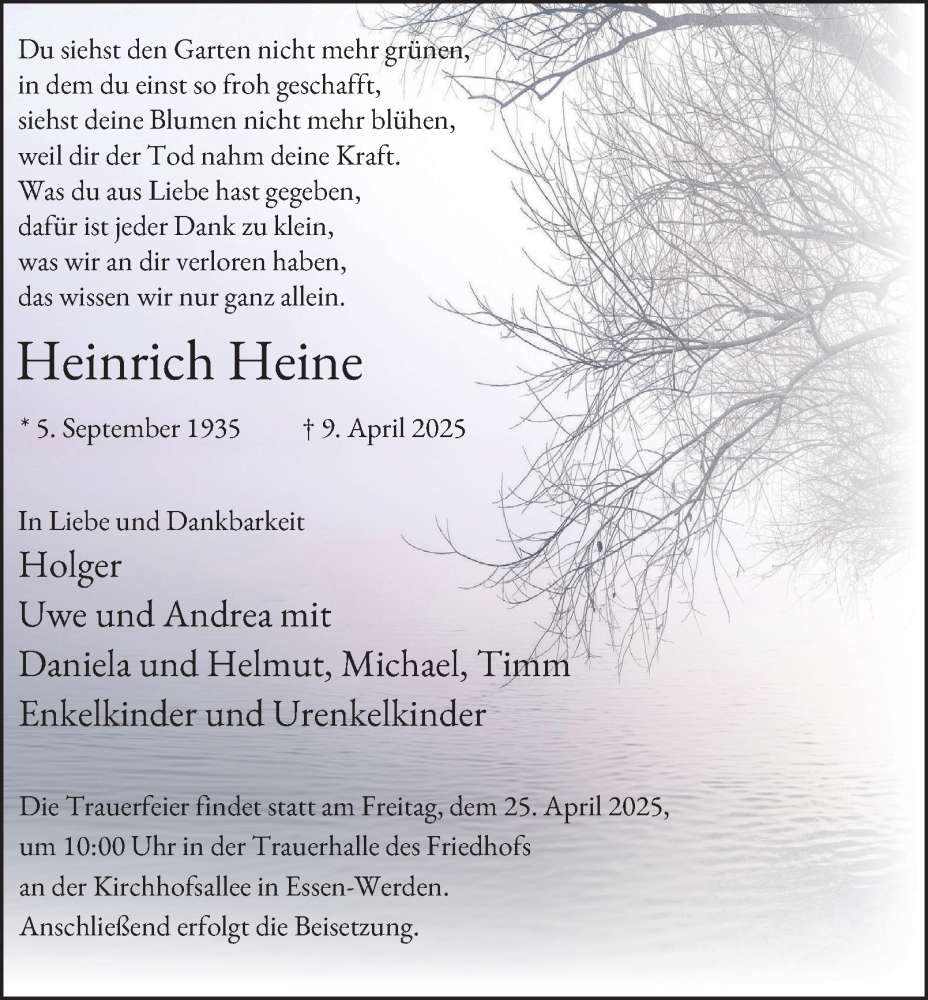  Traueranzeige für Heinrich Heine vom 17.04.2025 aus Tageszeitung