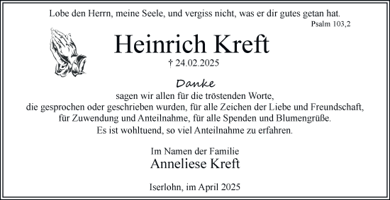 Traueranzeige von Heinrich Kreft von Tageszeitung