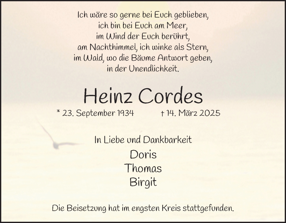  Traueranzeige für Heinz Cordes vom 05.04.2025 aus Tageszeitung