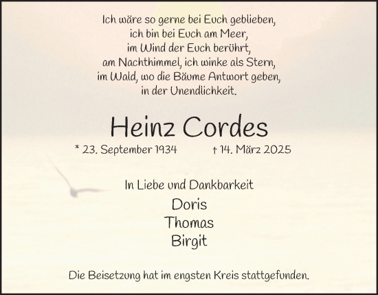 Traueranzeige von Heinz Cordes von Tageszeitung