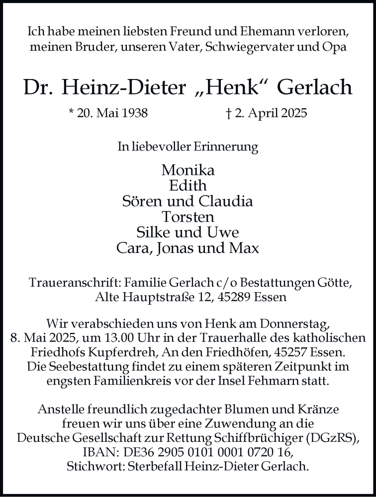  Traueranzeige für Heinz-Dieter Gerlach vom 26.04.2025 aus Tageszeitung