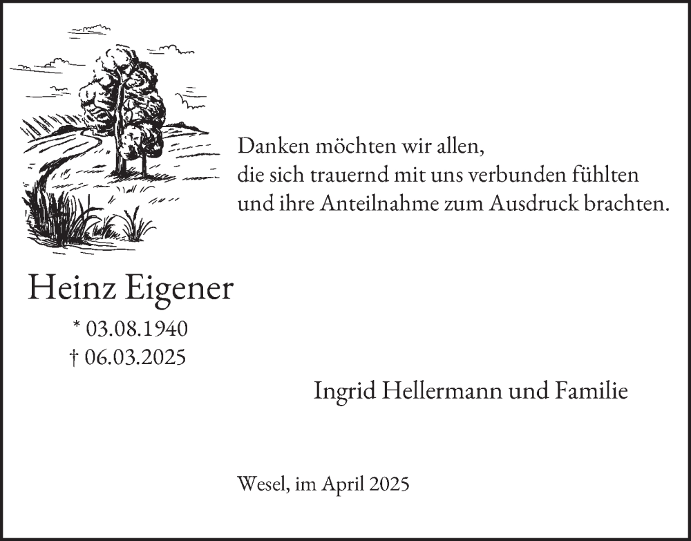  Traueranzeige für Heinz Eigener vom 12.04.2025 aus Tageszeitung