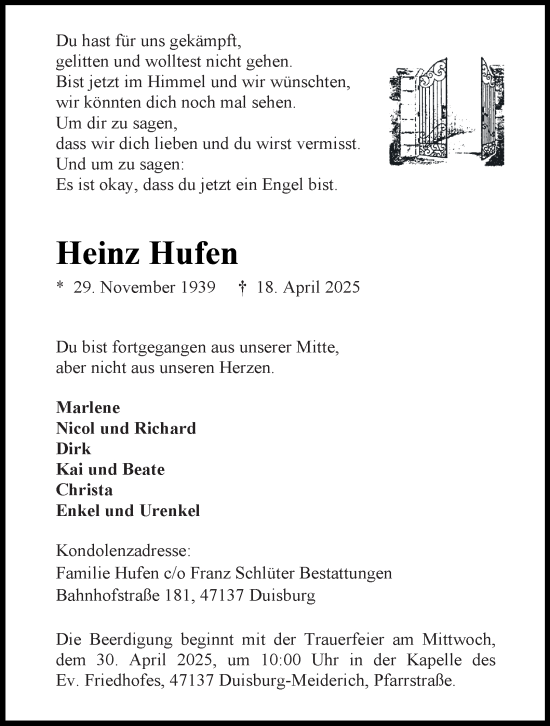 Traueranzeige von Heinz Hufen von Tageszeitung