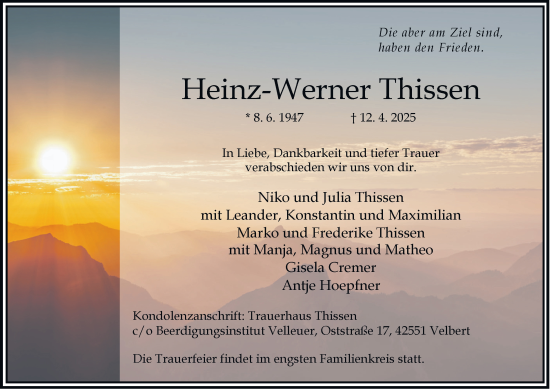 Traueranzeige von Heinz-Werner Thissen von Tageszeitung