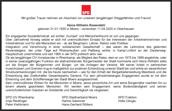 Traueranzeige von Heinz-Wilhelm Rosendahl von Tageszeitung