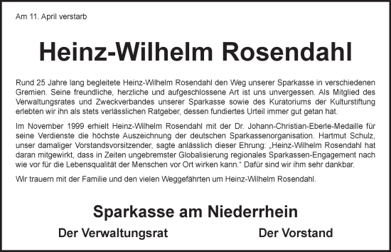 Traueranzeige von Heinz-Wilhelm Rosendahl von Tageszeitung