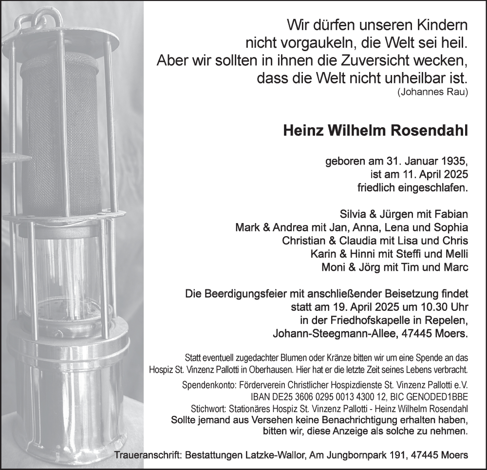  Traueranzeige für Heinz Wilhelm Rosendahl vom 16.04.2025 aus Tageszeitung