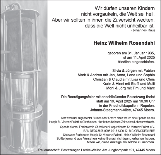 Traueranzeige von Heinz Wilhelm Rosendahl von Tageszeitung