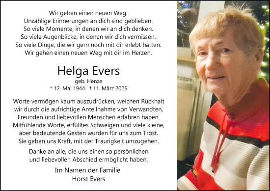 Traueranzeige von Helga Evers von Tageszeitung