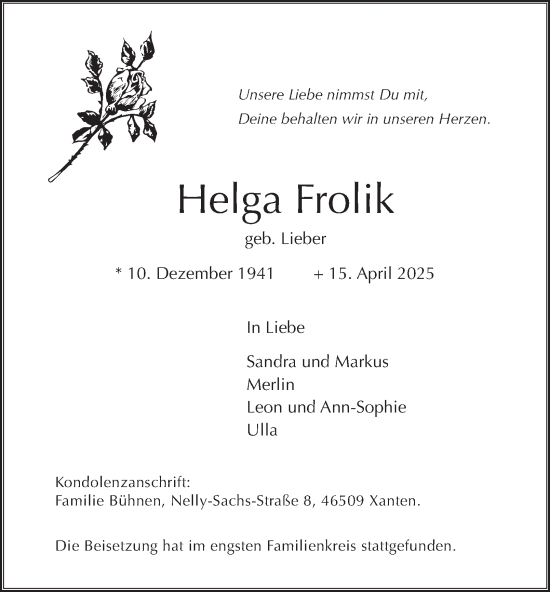 Traueranzeige von Helga Frolik von Tageszeitung