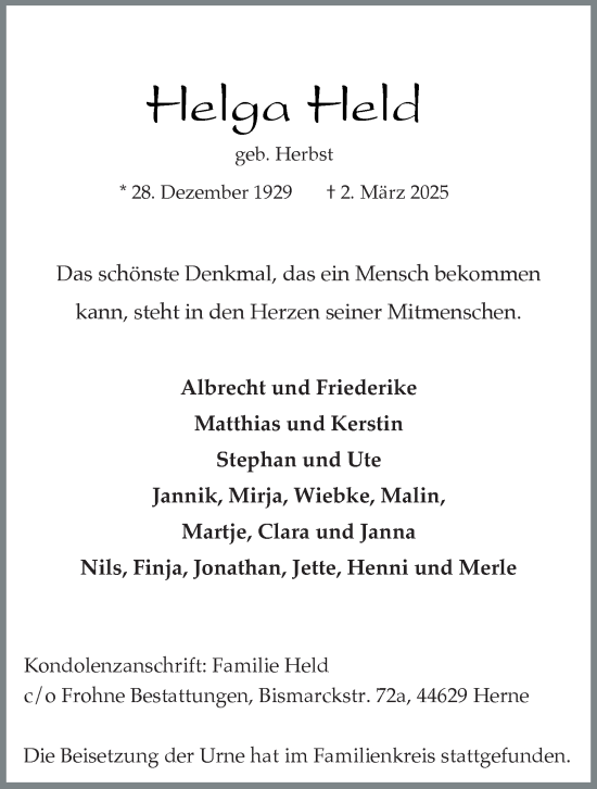 Traueranzeige von Helga Held von Tageszeitung
