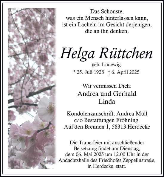 Traueranzeige von Helga Rüttchen von Tageszeitung
