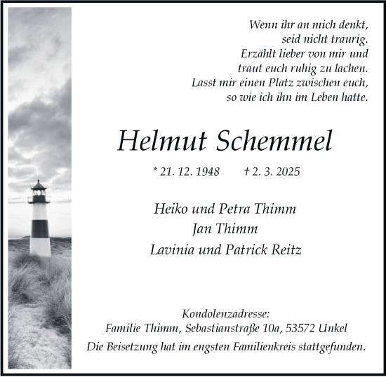 Traueranzeige von Helmut Schemmel von Tageszeitung