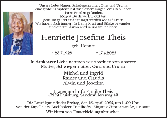 Traueranzeige von Henriette Josefine Theis von Tageszeitung