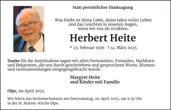 Traueranzeige von Herbert Heite von Tageszeitung