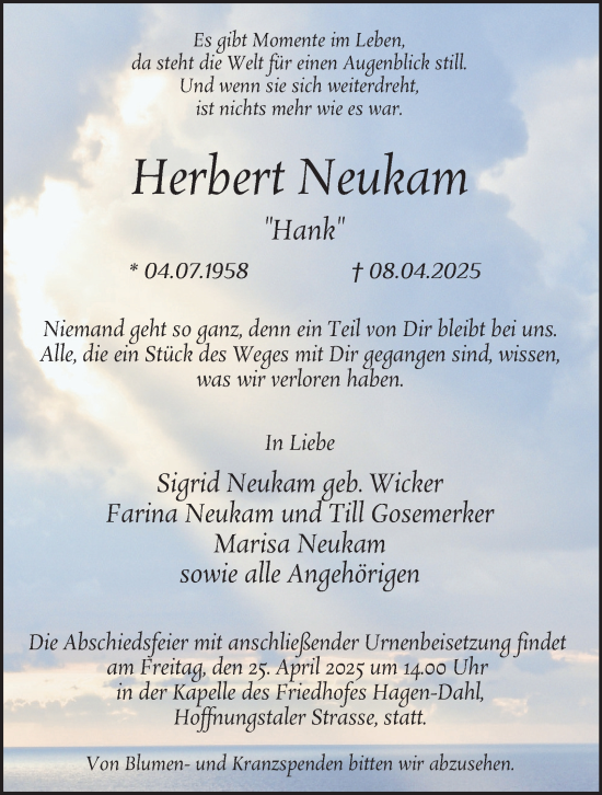Traueranzeige von Herbert Neukam von Tageszeitung